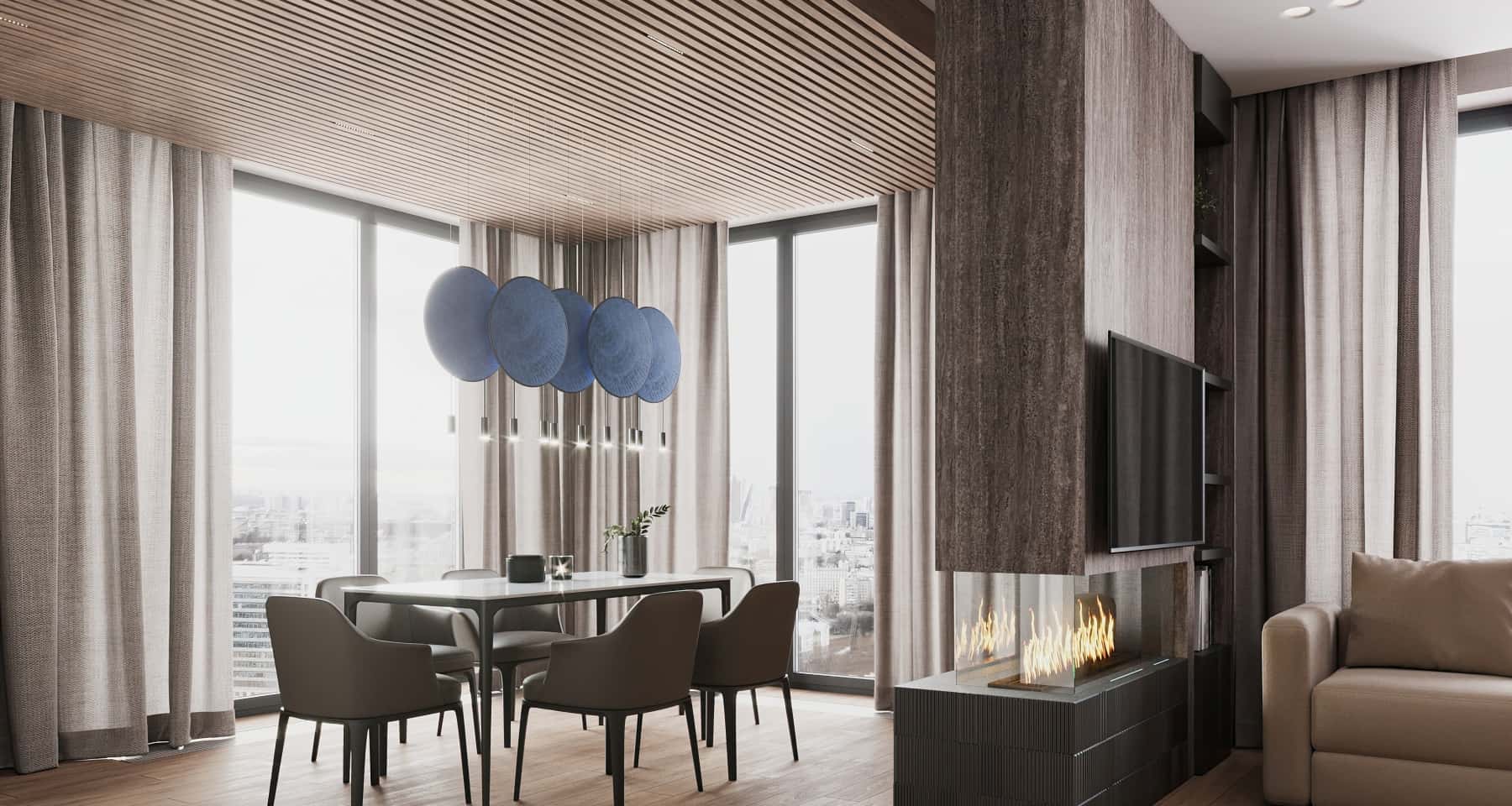 Стильна еклектична вітальня з зонуванням простору та використанням природних матеріалів, 2025