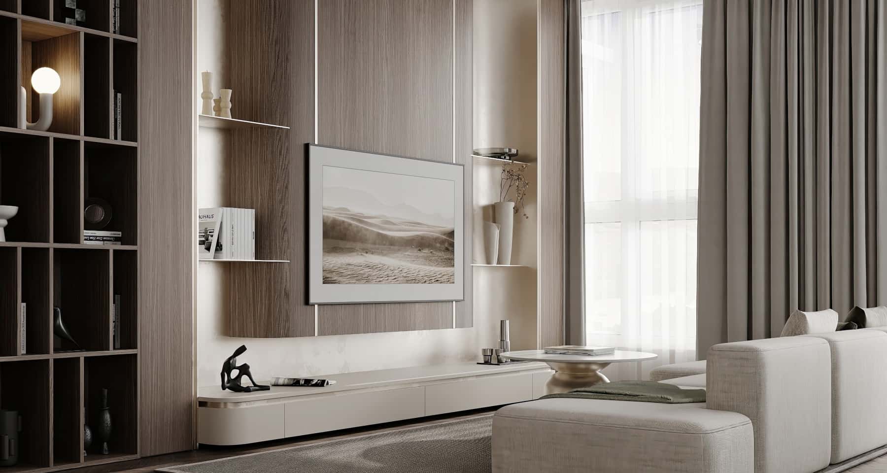 Еклектичний інтер'єр вітальні з зонуванням простору та акцентними кольорами