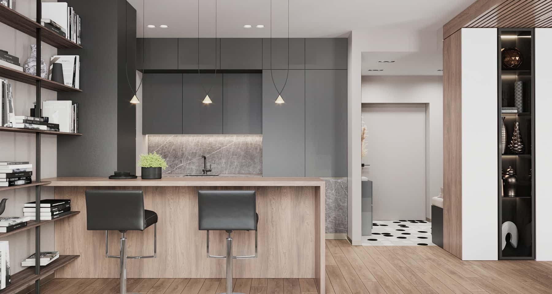 Сучасний дизайн квартири у стилі лофт з робочим місцем біля вікна, 2025