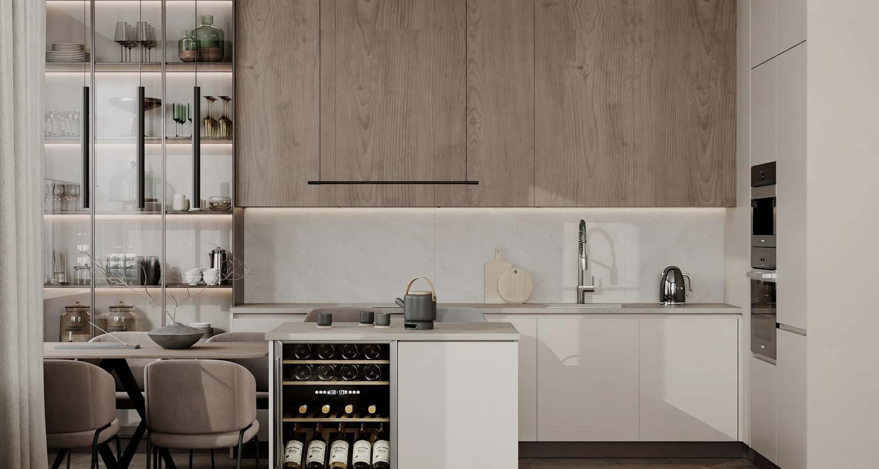 Оздоблення квартири: кухня з дерев'яними фасадами та кам'яною стільницею в еко-стилі