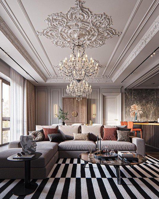 Дизайн інтер'єру вітальні з великим диваном світлого кольору, тренди 2024