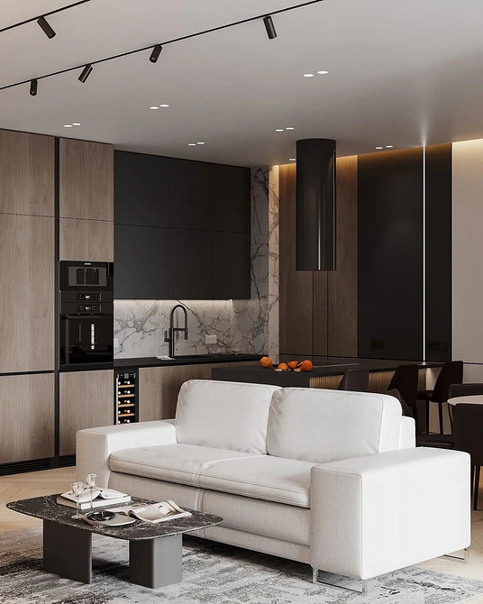 Мінімалістичний диван сірого кольору, дизайн інтер'єру 2024, тренди.