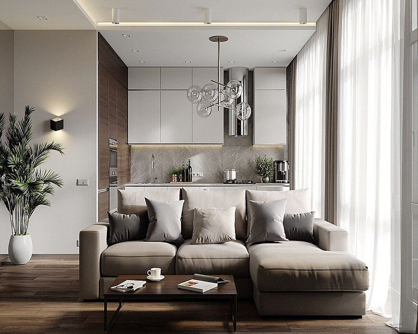 Диван в світлих тонах з дерев'яними ніжками, дизайн інтер'єру 2022