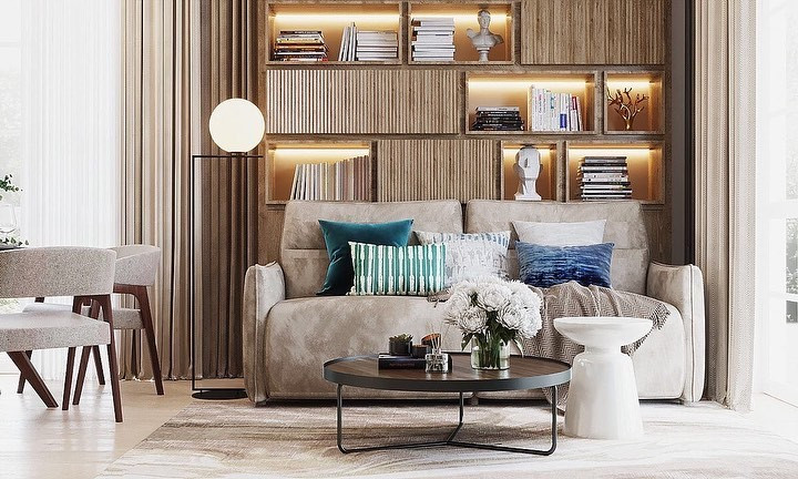 Сучасний дизайн дивану з природними відтінками для інтер'єру 2026 року