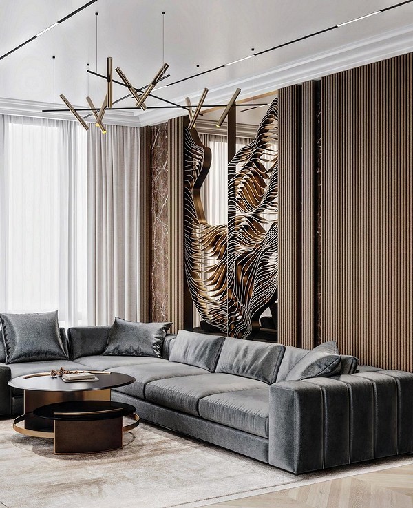 Кутовий диван в мінімалістичному стилі з темною оббивкою у вітальні