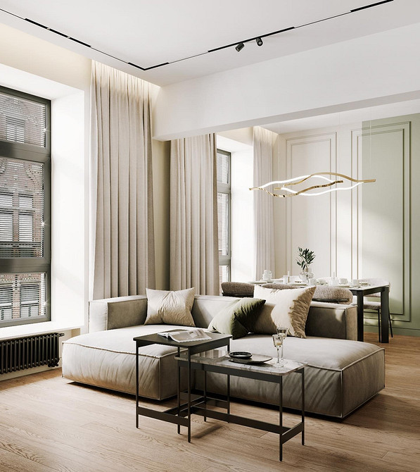 Кутовий диван з журнальним столиком, вітальня в сучасному стилі.