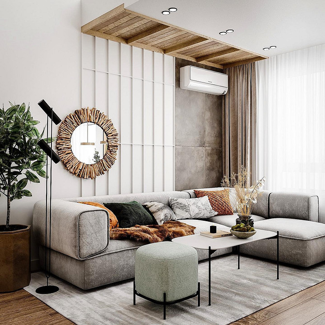 Дизайн інтер'єру з використанням дивану в природних кольорах, тренди 2026