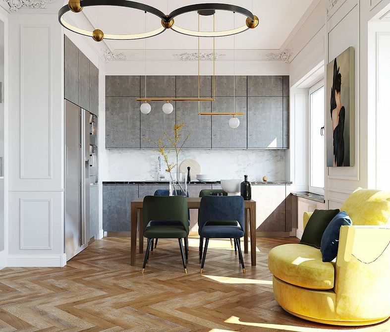 Сірий обідній стіл в інтер'єрі, оточений стільцями різних кольорів, сучасний дизайн.