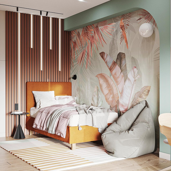 Інтер'єр в сірих тонах з використанням різних матеріалів: дерево, метал, тканина.