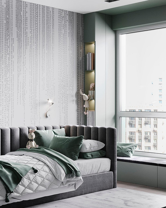 Кухня в сірих тонах з білою стільницею та сучасними світильниками.