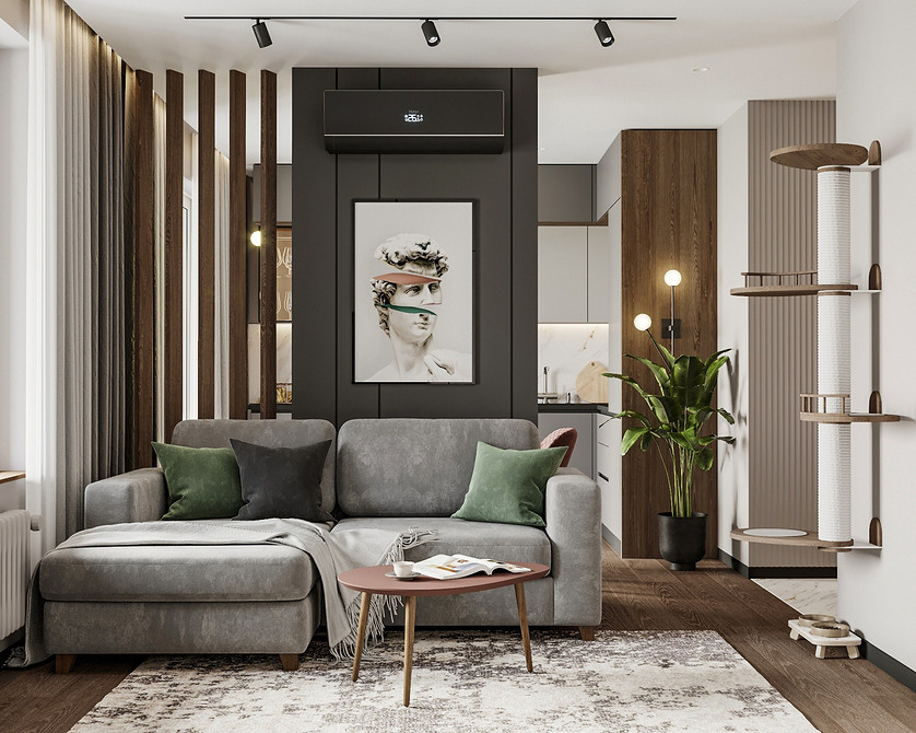 Кабінет з сірими стінами та меблями: робочий простір в сучасному стилі.