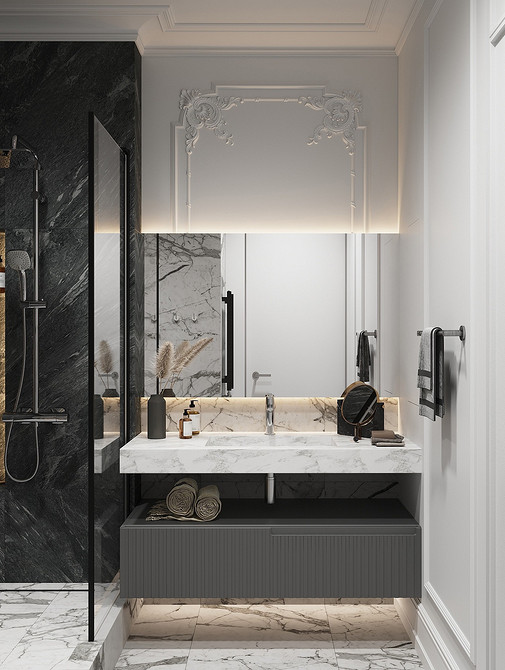 Сучасний дизайн ванної кімнати з сірою плиткою та меблями.