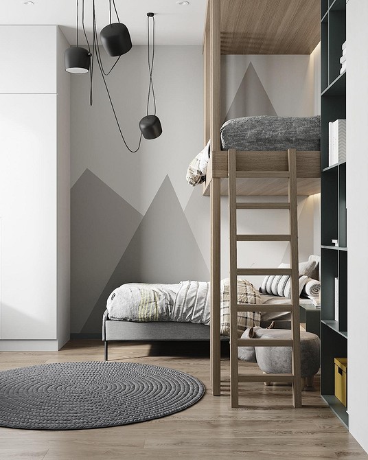 Простора вітальня з великим сірим кутовим диваном та панорамними вікнами.