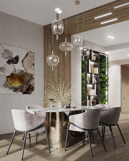 Елегантна сіра кухня з дерев'яними стільницями та сучасними світильниками, дизайн інтер'єру.