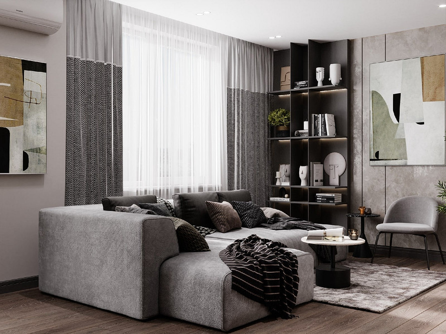 Стильна сіра спальня з м'яким ліжком та приліжковими тумбочками, дизайн інтер'єру.