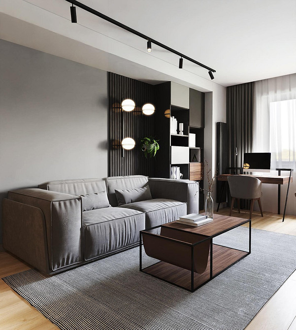 Дизайн інтер'єру з сірими акцентами: пуфики та декор, які підкреслюють стиль кімнати.