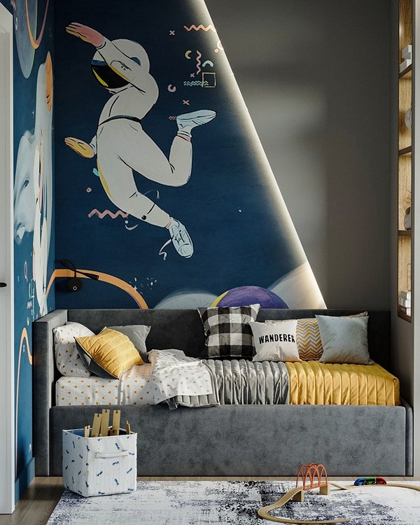 Сіра спальня з м'яким ліжком, тумбочками та нічниками для спокійного відпочинку.