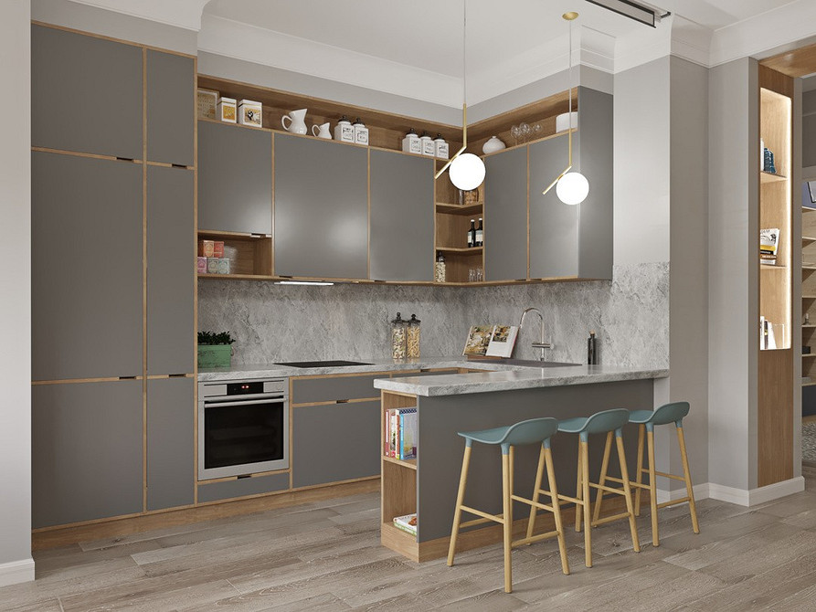 Сучасний інтер'єр з сірими меблями: диван та крісла для затишної вітальні