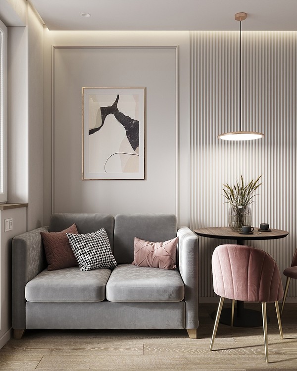 Сучасна сіра кухня з дерев'яними акцентами, що створює теплу та затишну атмосферу.