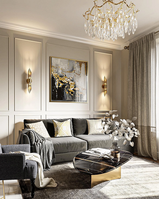 Стильний сірий диван в дизайні вітальні з килимом та журнальним столиком