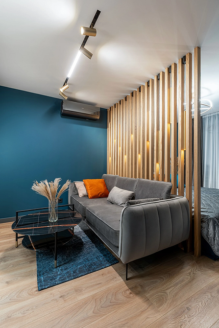 Елегантний сірий диван з подушками різних відтінків у світлій вітальні з килимом.