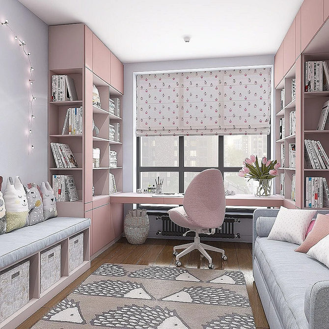 Дизайн інтер'єру дитячої з сірим диваном та яскравим килимом на підлозі