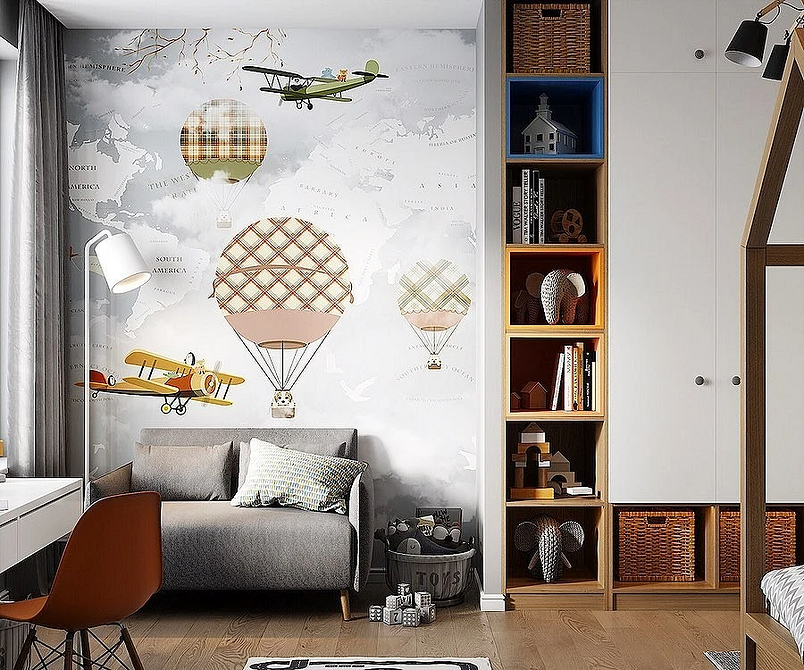 Сірий диван: елемент м'яких меблів для дитячої кімнати у сучасному стилі