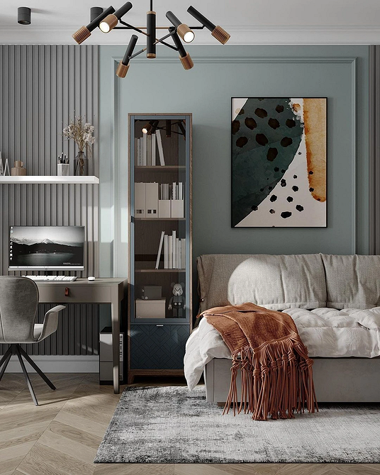 Інтер'єр дитячої кімнати з сірим диваном та декоративними елементами