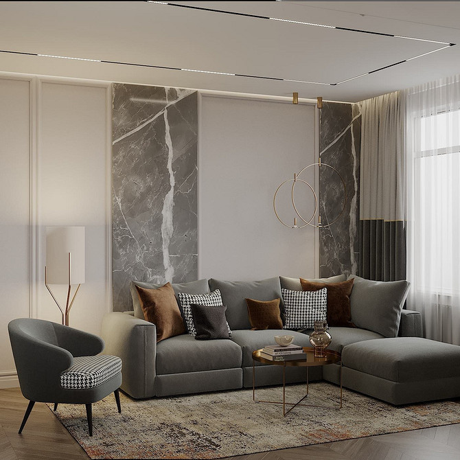 Скандинавський стиль: світлий сірий диван, дерев'яна підлога та зелені рослини.