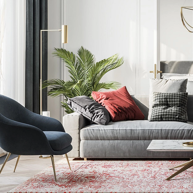 М'які меблі: сірий диван з подушками різних текстур у вітальні.