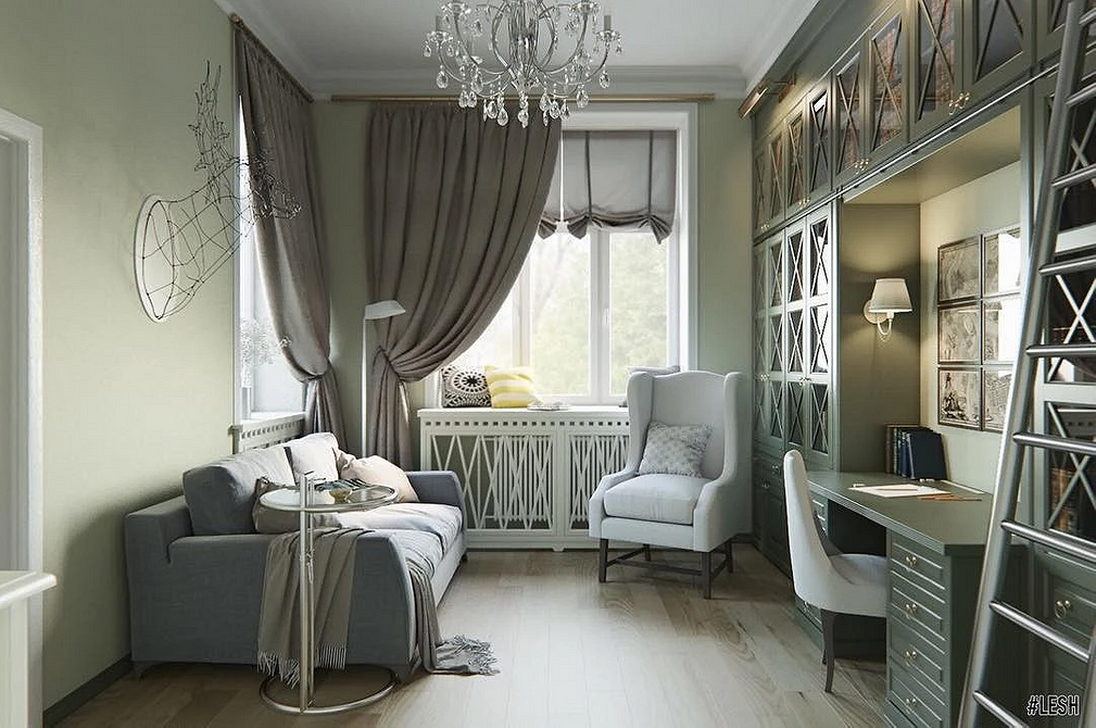 Елегантний сірий диван в кабінеті: стильний дизайн та комфорт для роботи