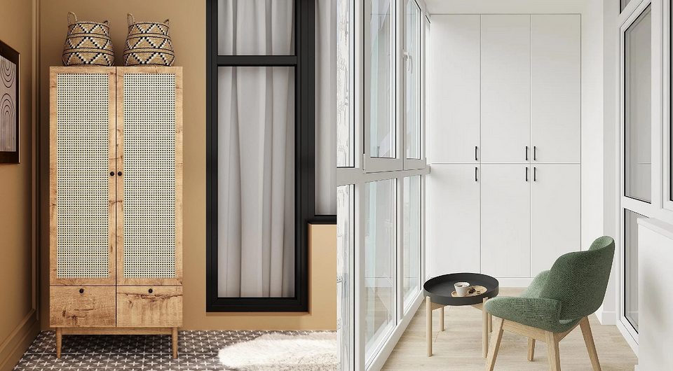 Дизайн балкона з вбудованою шафою для зберігання речей та затишку