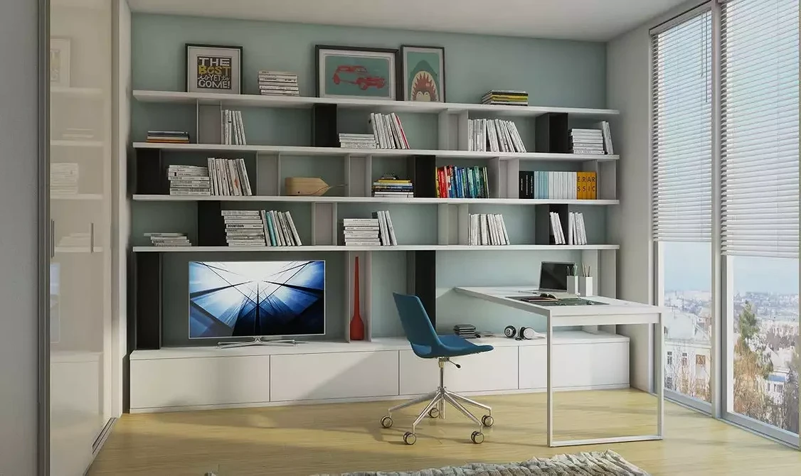 Мінімалістична тумба під телевізор в світлій вітальні з дерев'яними елементами.