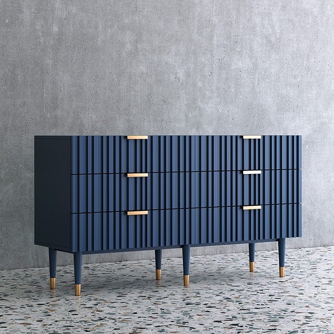 Інноваційний низький комод під телевізор з відкритими полицями для зберігання речей.