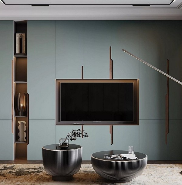 Тумба під телевізор з натурального дерева в вітальні в стилі рустик.