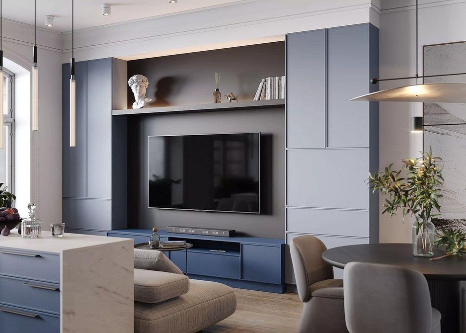 Підвісна тумба під телевізор в сучасній вітальні з мінімалістичним дизайном.