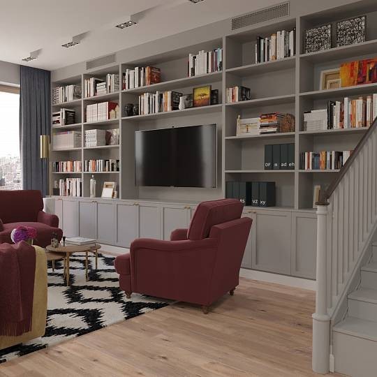 Сучасна вітальня з телевізором: вбудовані меблі та дизайн інтер'єру