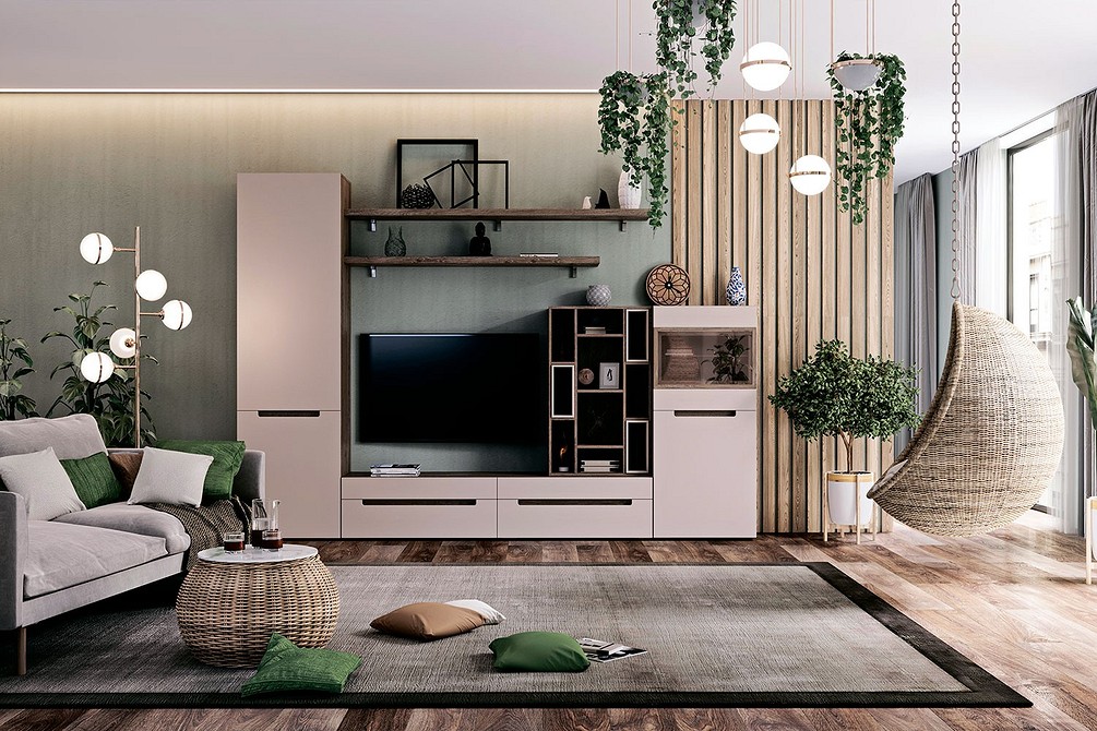 Вбудована система зберігання навколо телевізора у вітальні з м'яким освітленням.