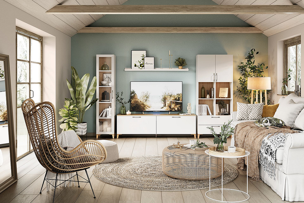 Велика вітальня з кутовим диваном та стінкою з тумбою під телевізор.