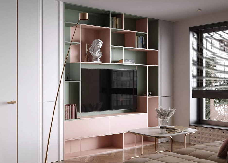 Стильна тумба під телевізор з відкритими полицями для зберігання речей та декорацій.