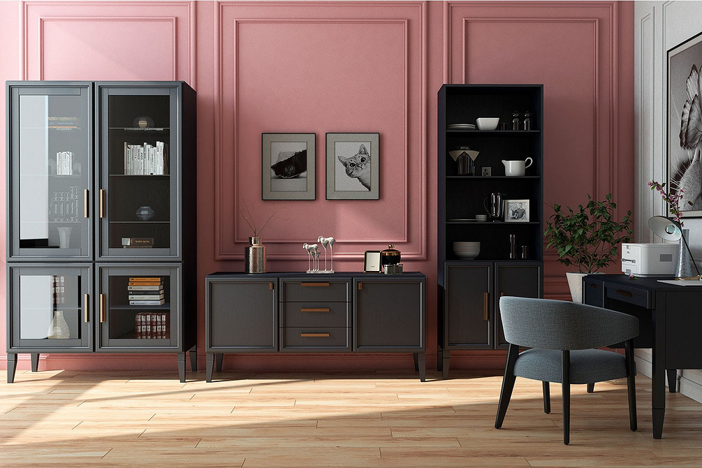 Сіра тумба під телевізор з мінімалістичним дизайном у сучасній вітальні.