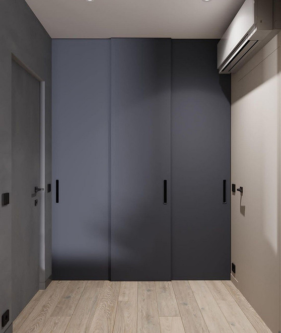 Вбудована шафа-купе з матовими фасадами в спальню, мінімалістичний стиль