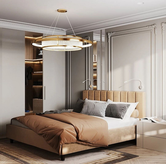 Шафа-купе з матовими скляними фасадами в спальні, сучасний дизайн інтер'єру