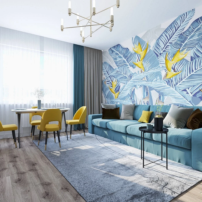Стильний синій диван в інтер'єрі, поєднання з жовтими акцентами та сучасним дизайном