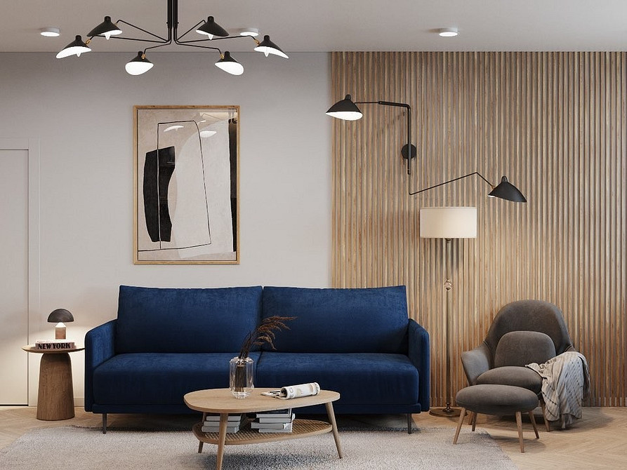 Інтер'єр вітальні з синім диваном та бежевими стінами: поєднання кольорів