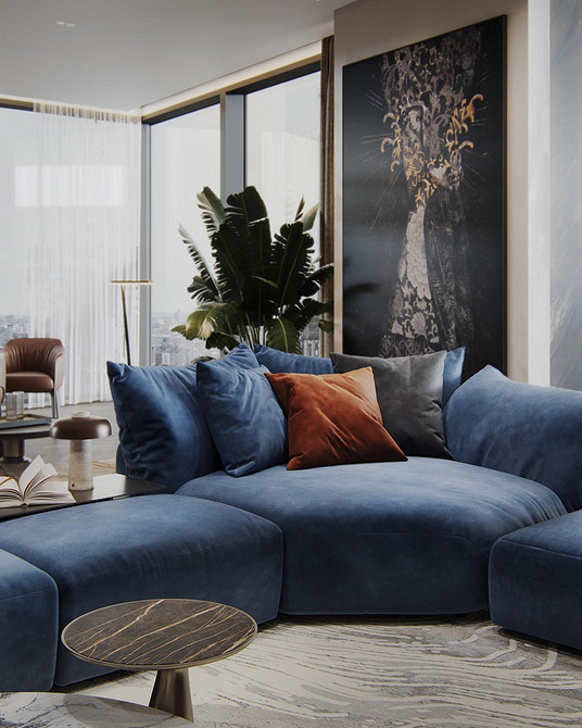 Інтер'єр з синім диваном та дерев'яними елементами. Поєднання кольорів в інтер'єрі.