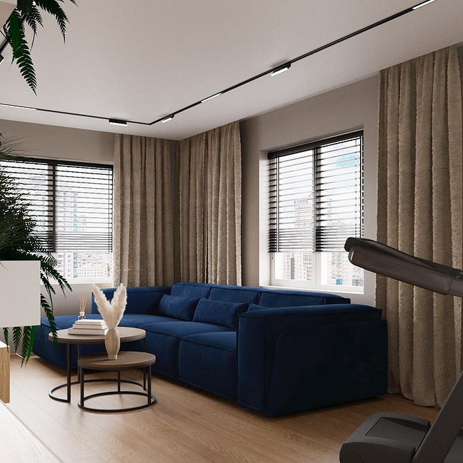 Інтер'єр вітальні з синім диваном: яскраві меблі, стилі, кольори та вдалі поєднання