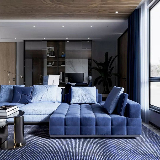 Дизайн дивану в сучасному стилі: синій колір та мінімалістичні форми