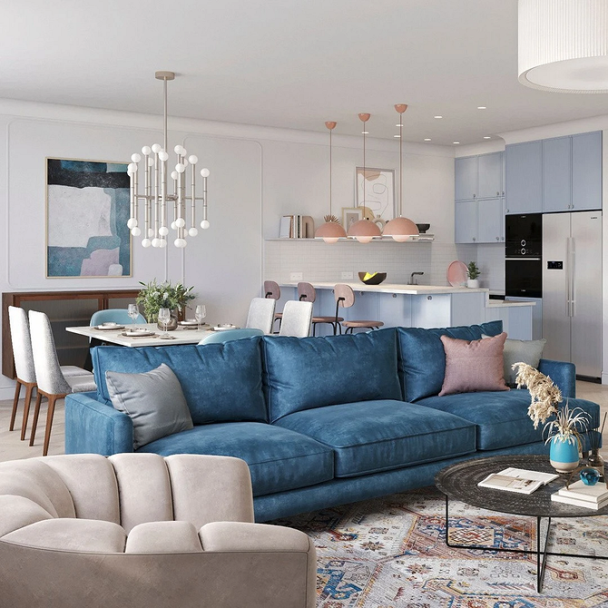 Вітальня з темно-синім диваном, книжковими полицями та теплим освітленням