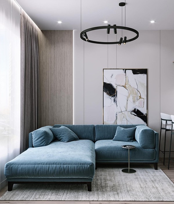 Сучасний інтер'єр з синім диваном, поєднання кольорів у дизайні, меблі для дому